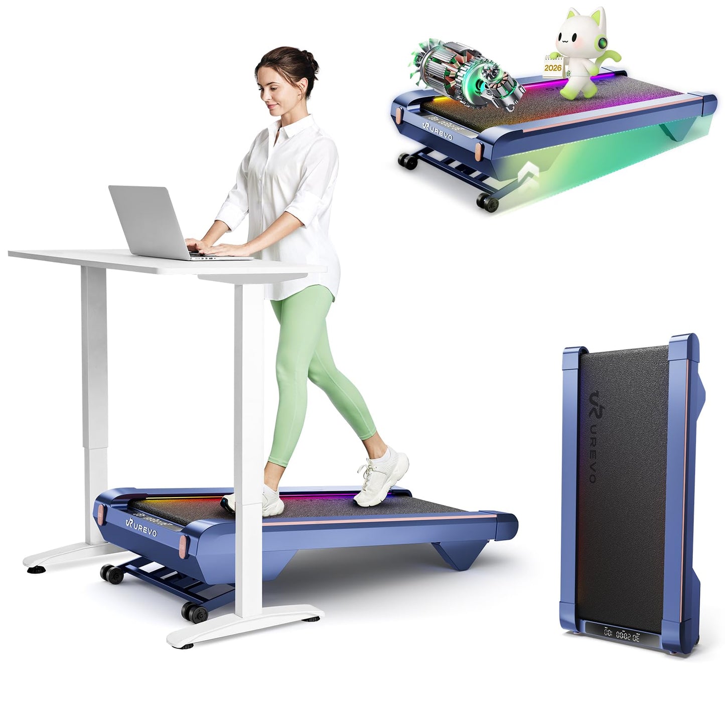 UREVO CyberPad Smart Walking Pad with 14% Auto Incline, Under Desk Treadmill for Home, Quiet Brushless Motorized, Extended Walking Surface, LED Remote, Speed-Responsive Lighting, UREVO APP