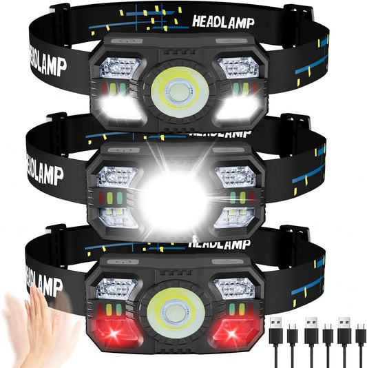 3 Pack Headlamp Rechargeable, 1200 Lumens LED Head Lamp with Red Light, Motion Sensor, 10 Modes, 60° Adjustable Head Lights for Forehead, IPX5 Waterproof Headlamps for Adults - Running,Camping,Hiking