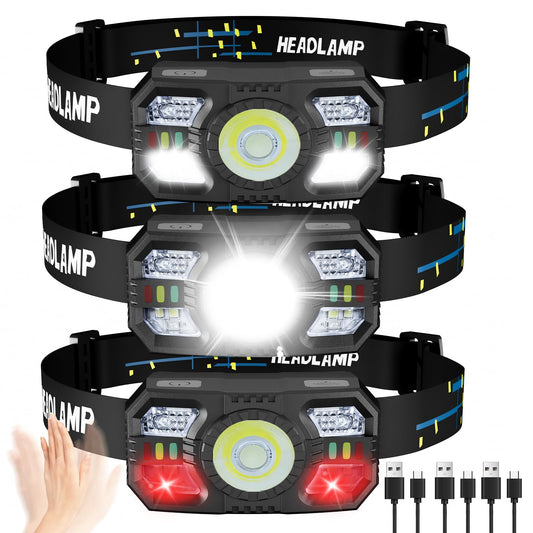 3 Pack Headlamp Rechargeable, 1200 Lumens LED Head Lamp with Red Light, Motion Sensor, 10 Modes, 60° Adjustable Head Lights for Forehead, IPX5 Waterproof Headlamps for Adults - Running,Camping,Hiking