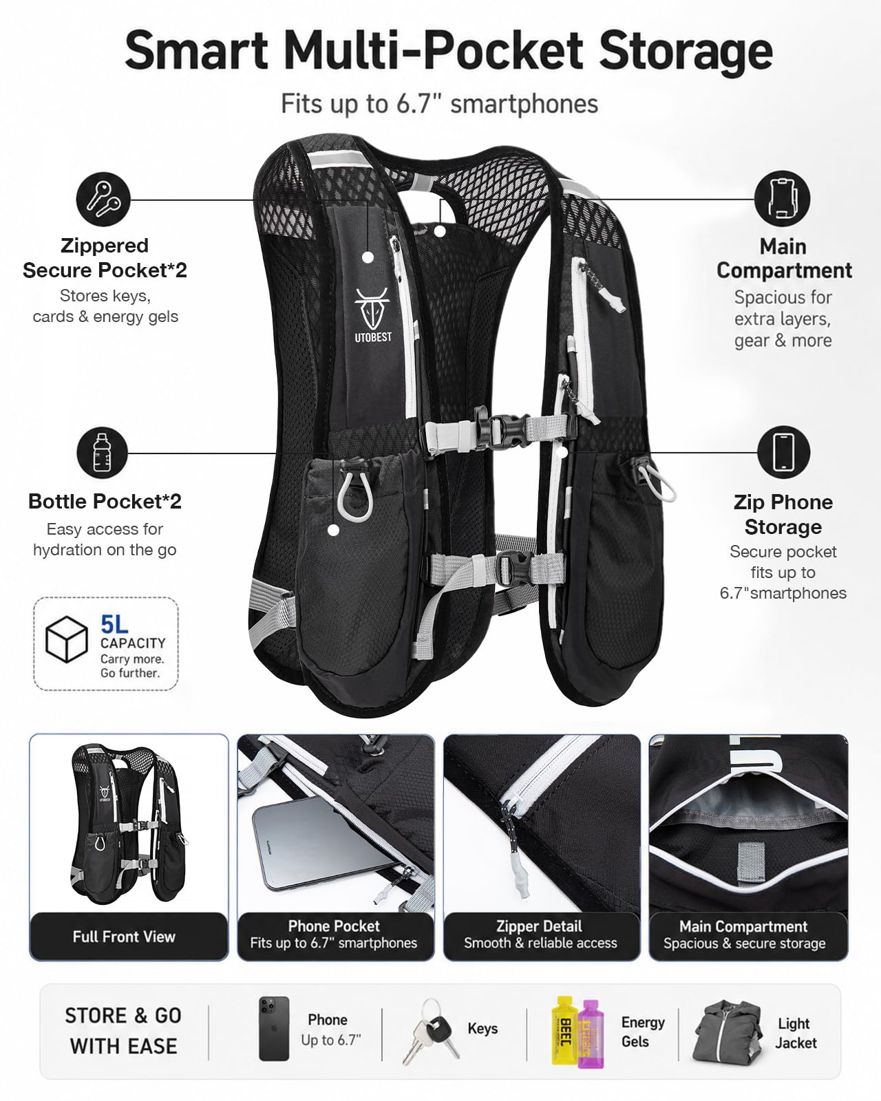 UTOBEST Running Vest Lightweight Running Hydration Vest with Water Bladder for Trail Running Marathon Race Hiking