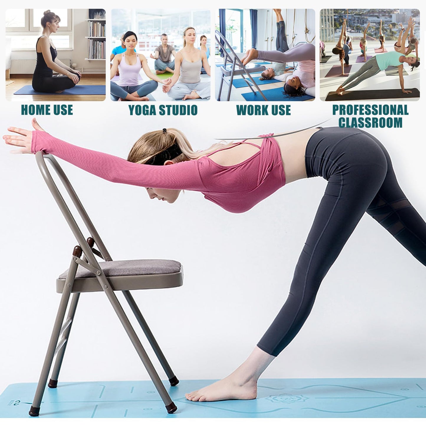 INNOLIFE Yoga Auxiliary Chair Foldable Backless Yoga Chair with Purple Yoga Resistance Band for Abs & Core, Flexibility and Strength Training and Back Pain Relieving (Gray)