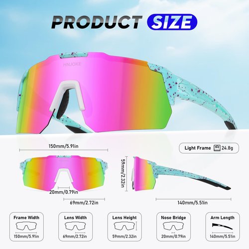 HNJOKE Sports Polarized Sunglasses, UV 400 Protection Sun glasses Women, Mens Sunglasses for Cycling Biking Running Hiking Golf Fishing, Light Blue&Pink