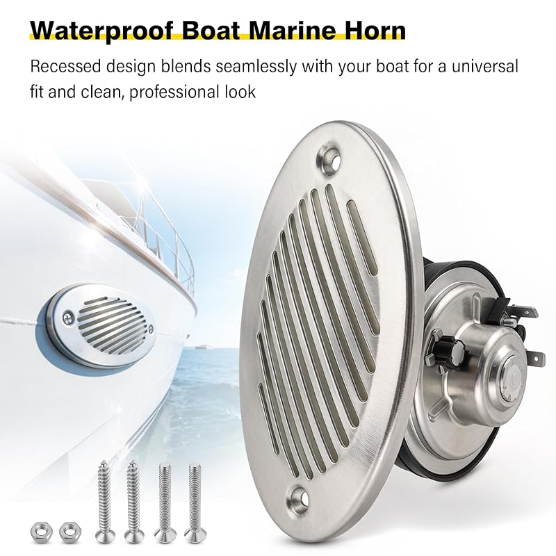 Marine 12V 316 Stainless Hidden Flush Mount Horn - 125dB, 114.3mm Two-Hole Installation