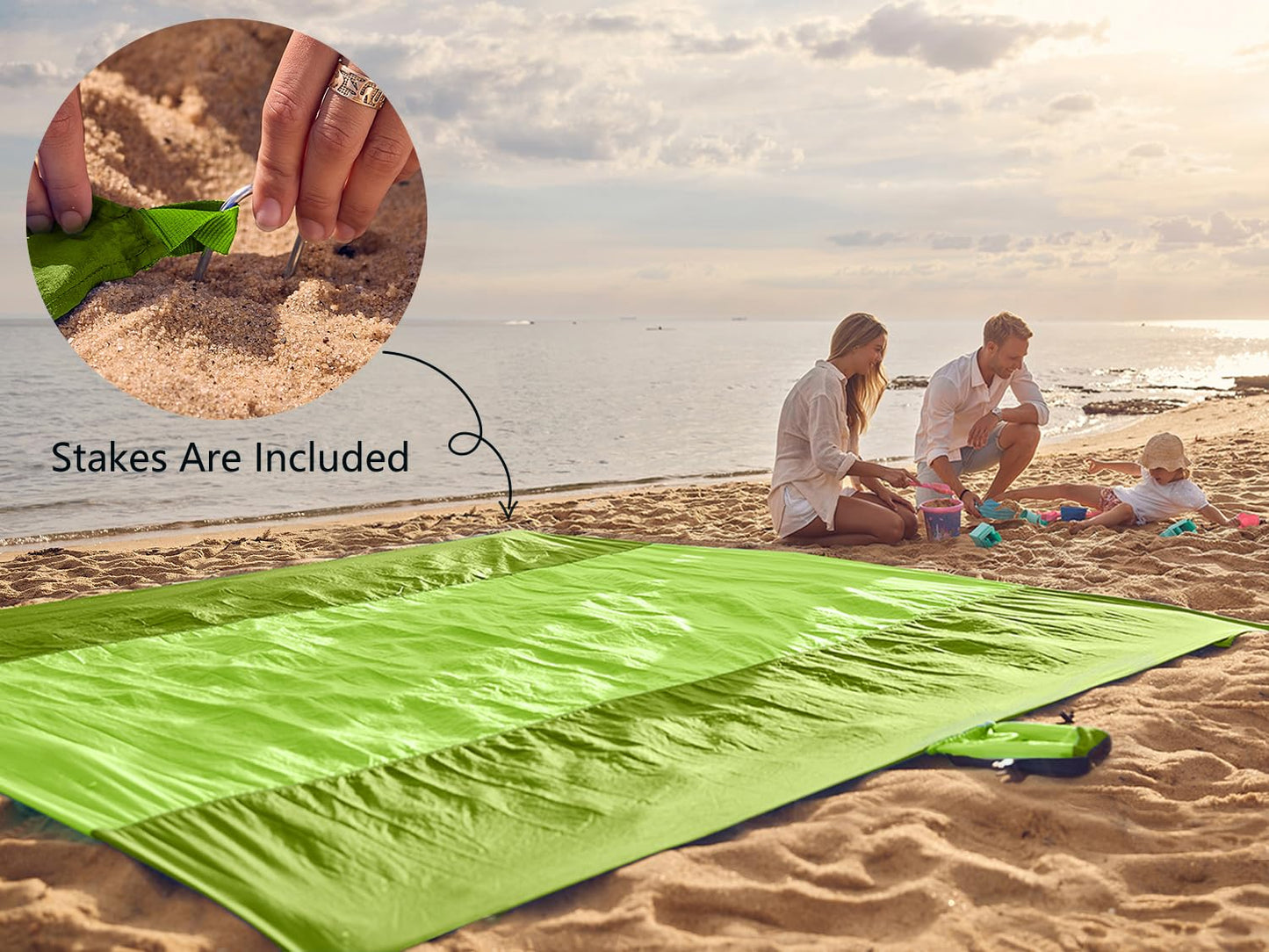WEKAPO Beach Blanket - Sandproof Waterproof Extra Large Beach Mat | Oversized Sand-Free Lightweight Quick-Drying | Beach Vacation Essentials with Stakes & Corner Pockets (Green, 9x7 FT)