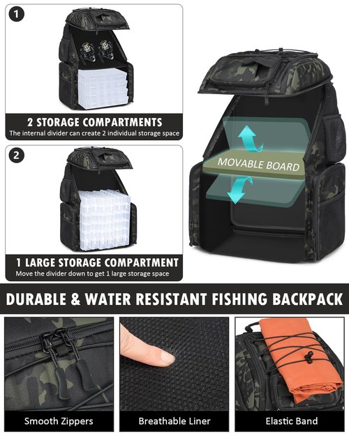 HAMBOLY Fishing Backpack with Tackle Boxes, 50L Fishing Tackle Bag with Cooler & Rod Holders, Waterproof Fishing Bag for Men