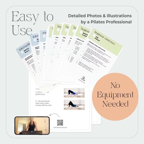 Pilates workout cards - for women's fitness - Detailed photos and video Instructions by Stott Pilates Certified instructor - 52 mat exercise cards to do Pilates at home with no equipment needed.