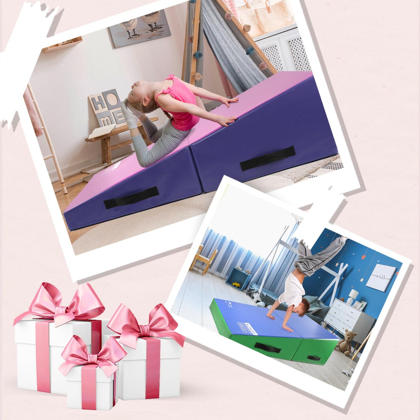 Kangaroo Hoppers Incline Gymnastics Mat, 56"x28"x15" Folding Wedge for Kids Tumbling, Skill Training, Multiple Colors Cheese Mat for Gymnastics, Home Gym Exercise, Pink/Purple