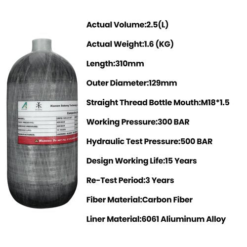 TUXING 4500Psi Carbon Fiber Paintball HPA Air Tank, 2.5L Carbon Fiber Air Tank with Pcp Filling Regulator Valve for Pcp Air Rifle Scuba Tank (Empty Bottle), M18*1.5