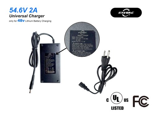 Syvrac 54.6V 2A Charger for 48V Lithium Batteries - E-Bike/Scooter/Hoverboard Charger，UL & FCC Certified with US Plug, DC 5.5x2.1mm Connector, Fast Charging & Overload Protection