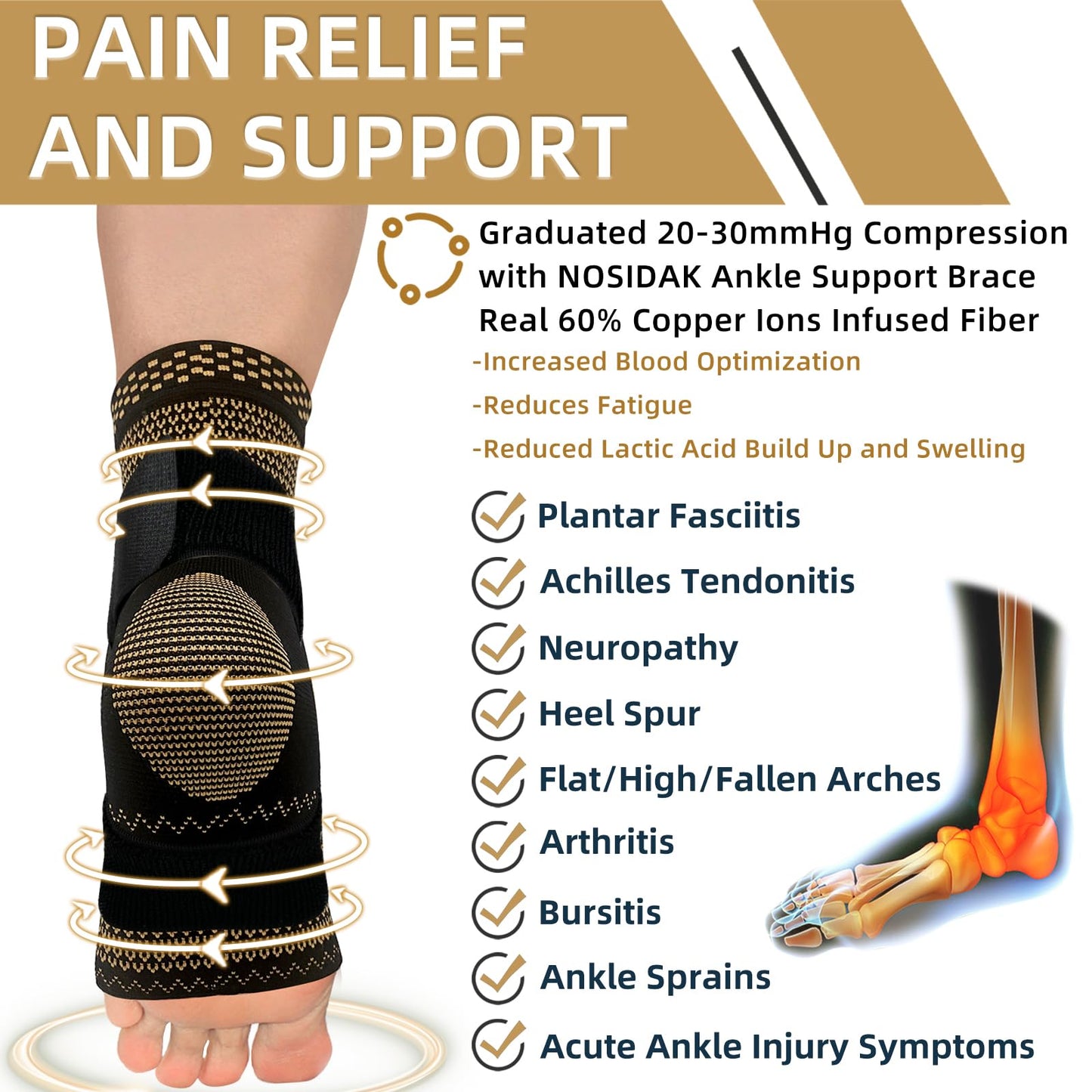NOSIDAK Copper Ankle Brace for Men & Women w/Ankle Wrap, Ankle Support Compression Sleeve w/Arch Support for Plantar Fasciitis Relief, Achilles Tendonitis, Heel Spur, Joint Pain, Swelling, Sprain