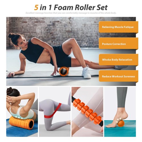 5-in-1 Deep Tissue Foam Roller Set for Muscle Recovery, Yoga & Fitness – High-Density Roller, Massage Stick, Ball, Resistance Band – Portable for Back, Legs