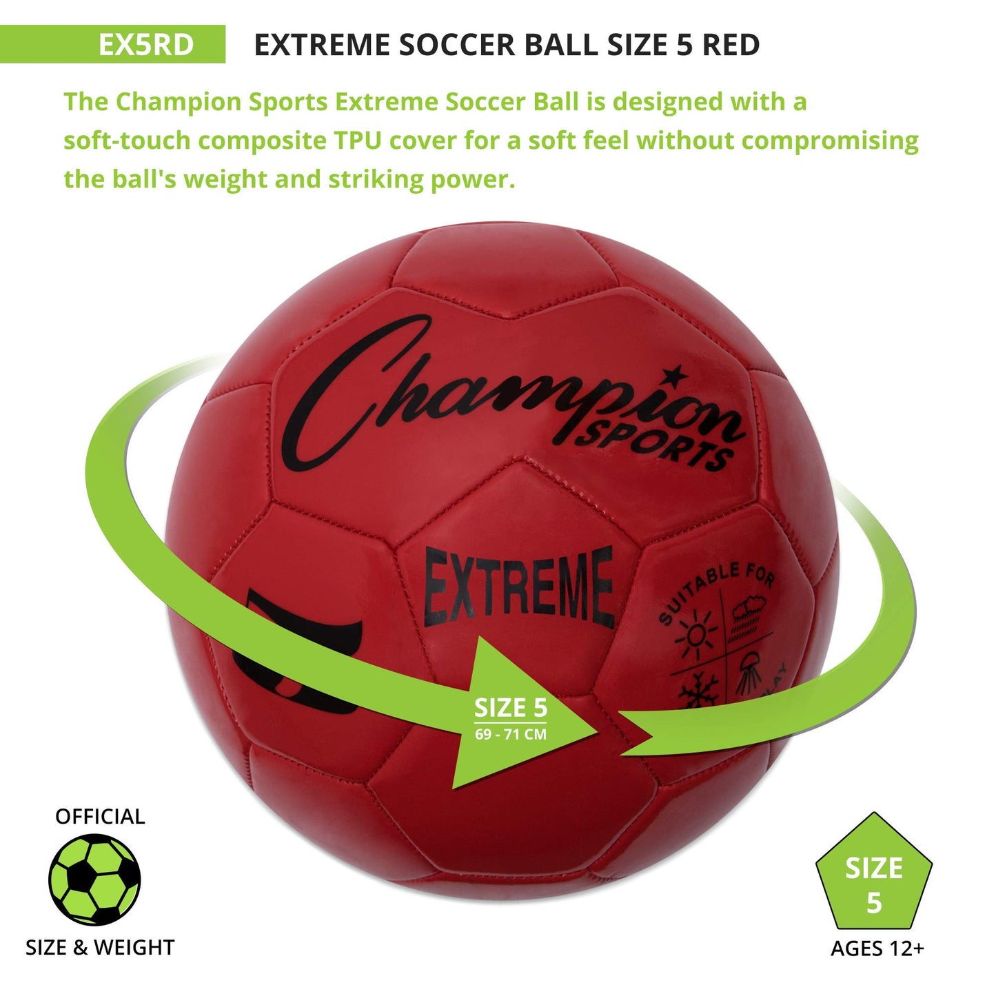 Champion Sports Extreme Series Soccer Ball, Regulation Size 5 - Collegiate, Professional, and League Standard Kick Balls - All Weather, Soft Touch, Maximum Air Retention - For Adults, Teenagers, Red