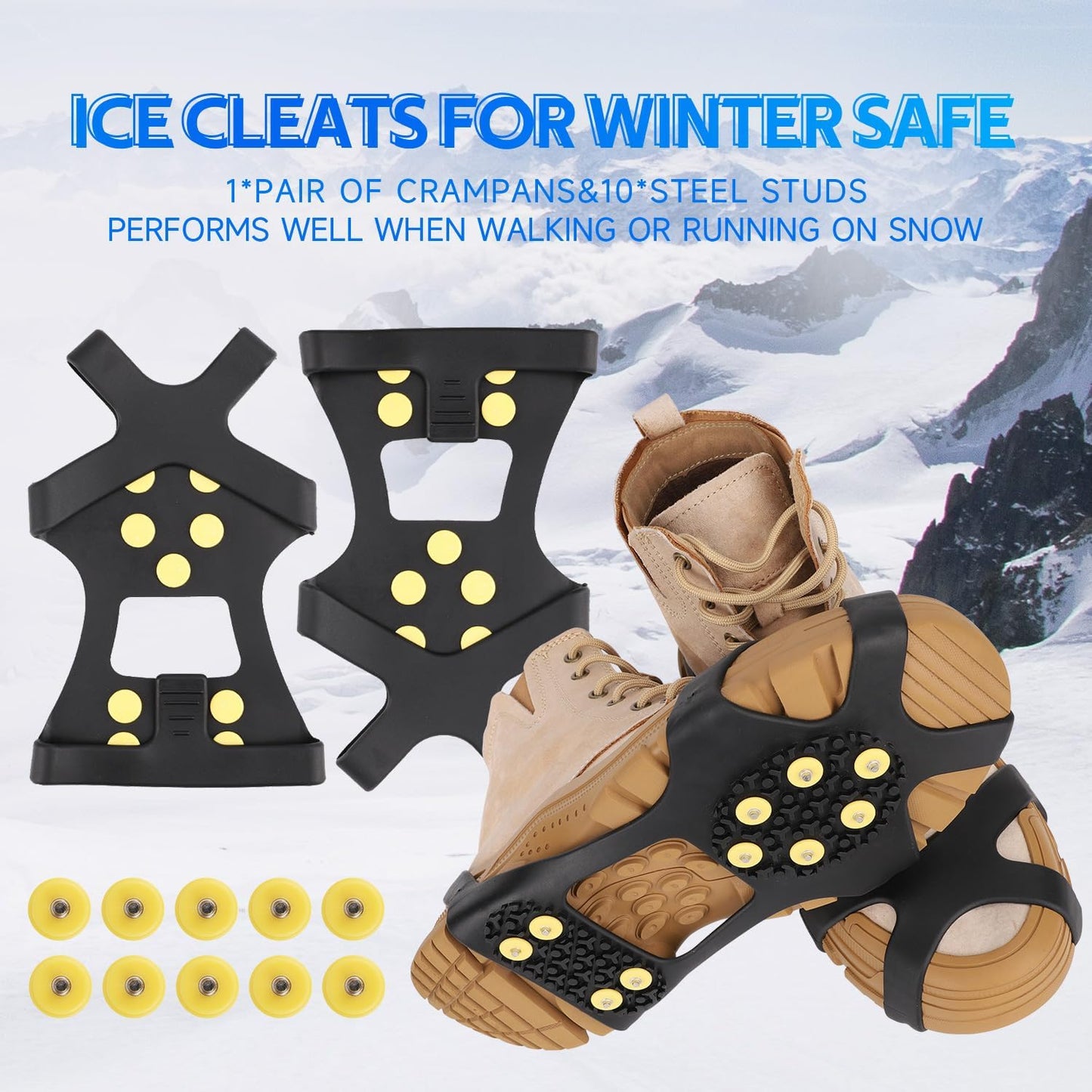 Ice Cleats for Boots Shoes, Ice Shoe Grips Anti Slip for Men Women, Rubber Snow Cleats, Spikes Crampons for Hiking Boots and Shoes + 10 Extra Replacement Studs (S, M, L, XL)
