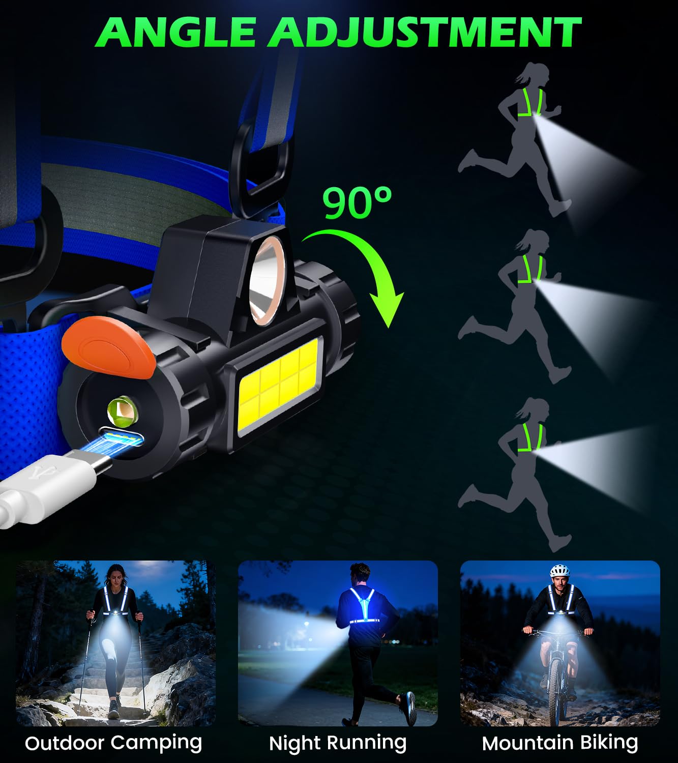 Hoeraonr Running Lights for Runners,90°Adjustable LED Reflective Vest Running Gear,Rechargeable Chest Light Up Running Vest Night Walking Safety Gear for Night Walking/Cycling/Jogging (Blue)
