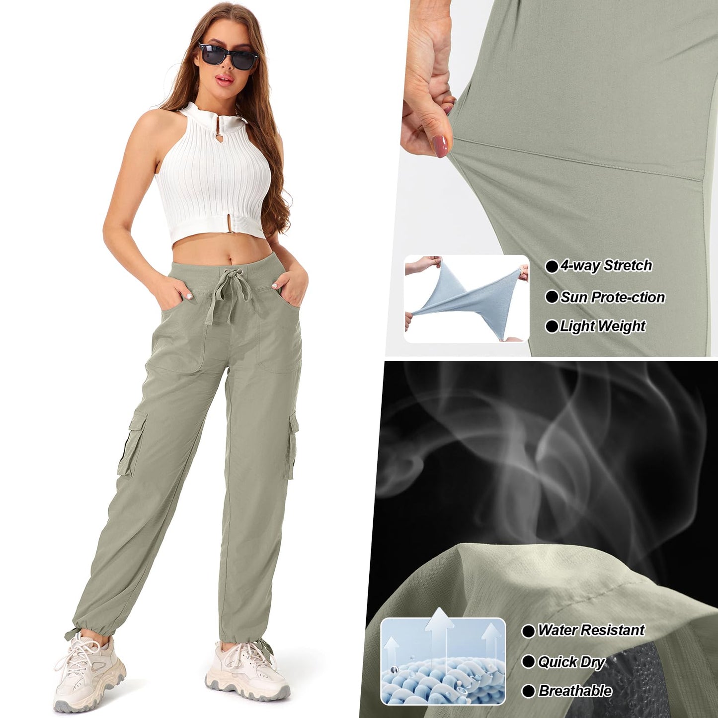 Toomett Cargo Pants Women Lightweight Quick Dry UPF 50 Travel Golf Safari Hiking Pants Joggers,6609,Light Green,XL