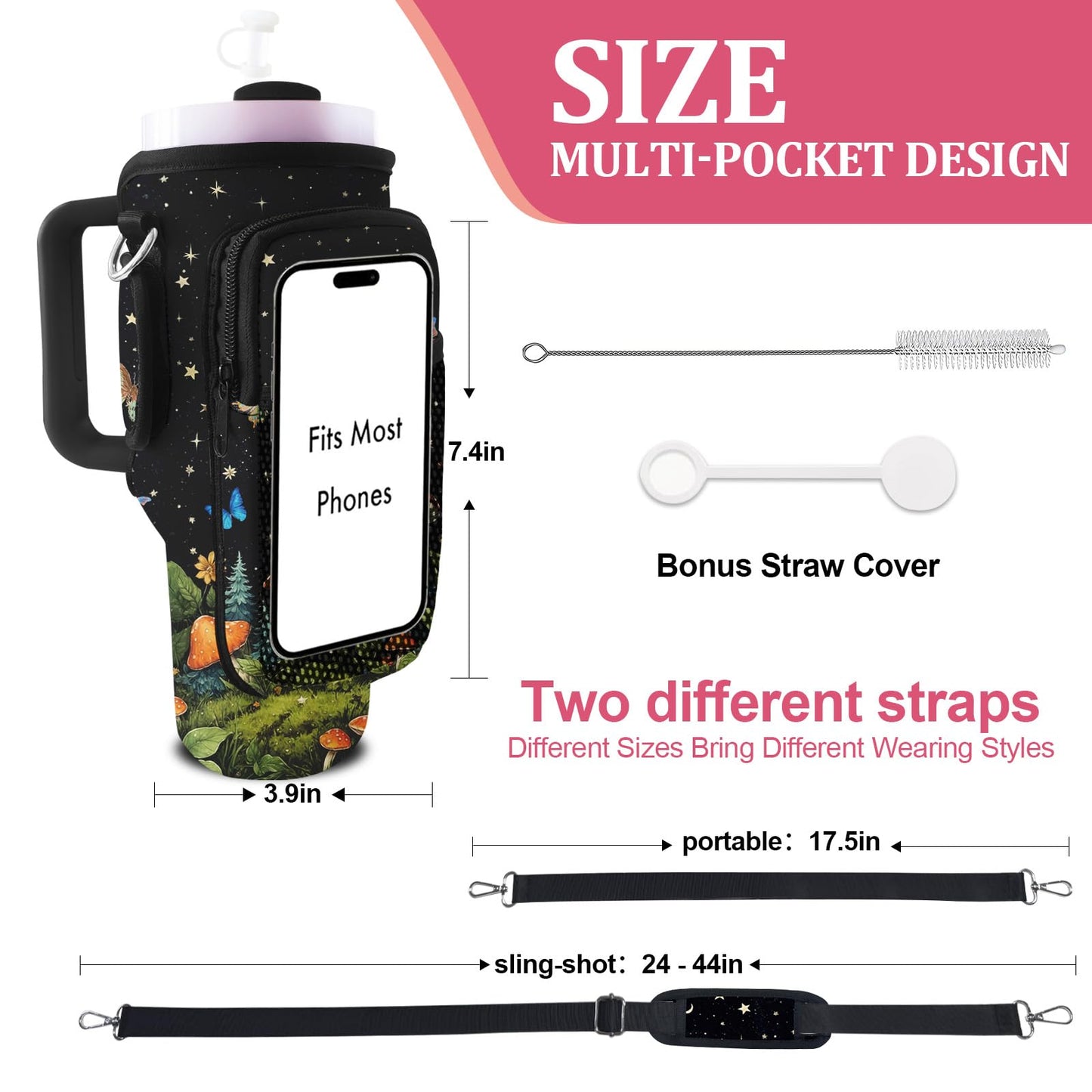 LAOTANGJIA Stanley Cup Carrier 40oz Tumbler with Water Bottle Holder Carrier Bag and Phone with 2 Adjustable Strap Bottle Holder Stanley Cup Accessories for Hiking Travelling Camping,Mushroom