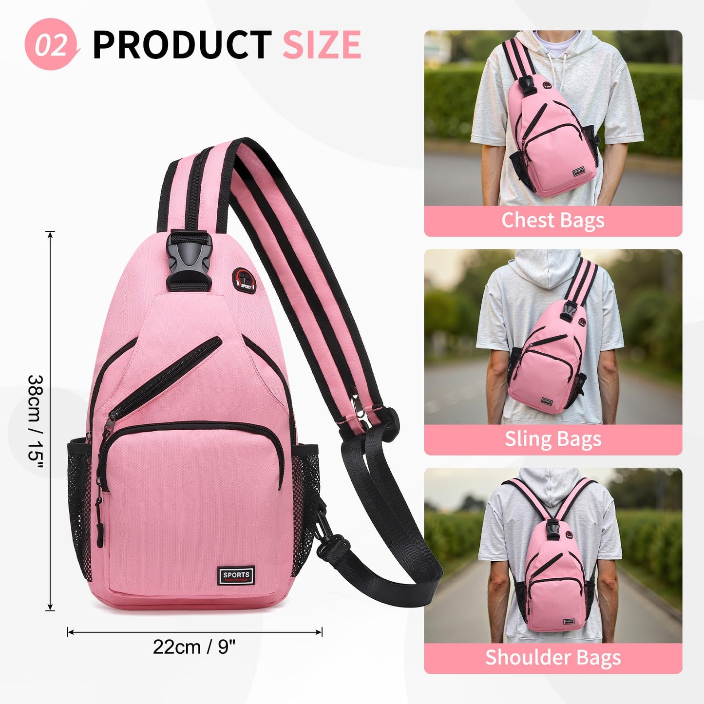 SUIKIHUM Convertible Sling Bags for Women Men, Lightweight Crossbody Backpack Daypack Fit for 7.9" Tablet for Casual Travel Sport Hiking (Pink)