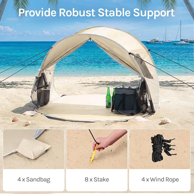 Wolfwise 3 Person Pop Up Beach Tent - Beige, Easy Setup Sun Shade Shelter