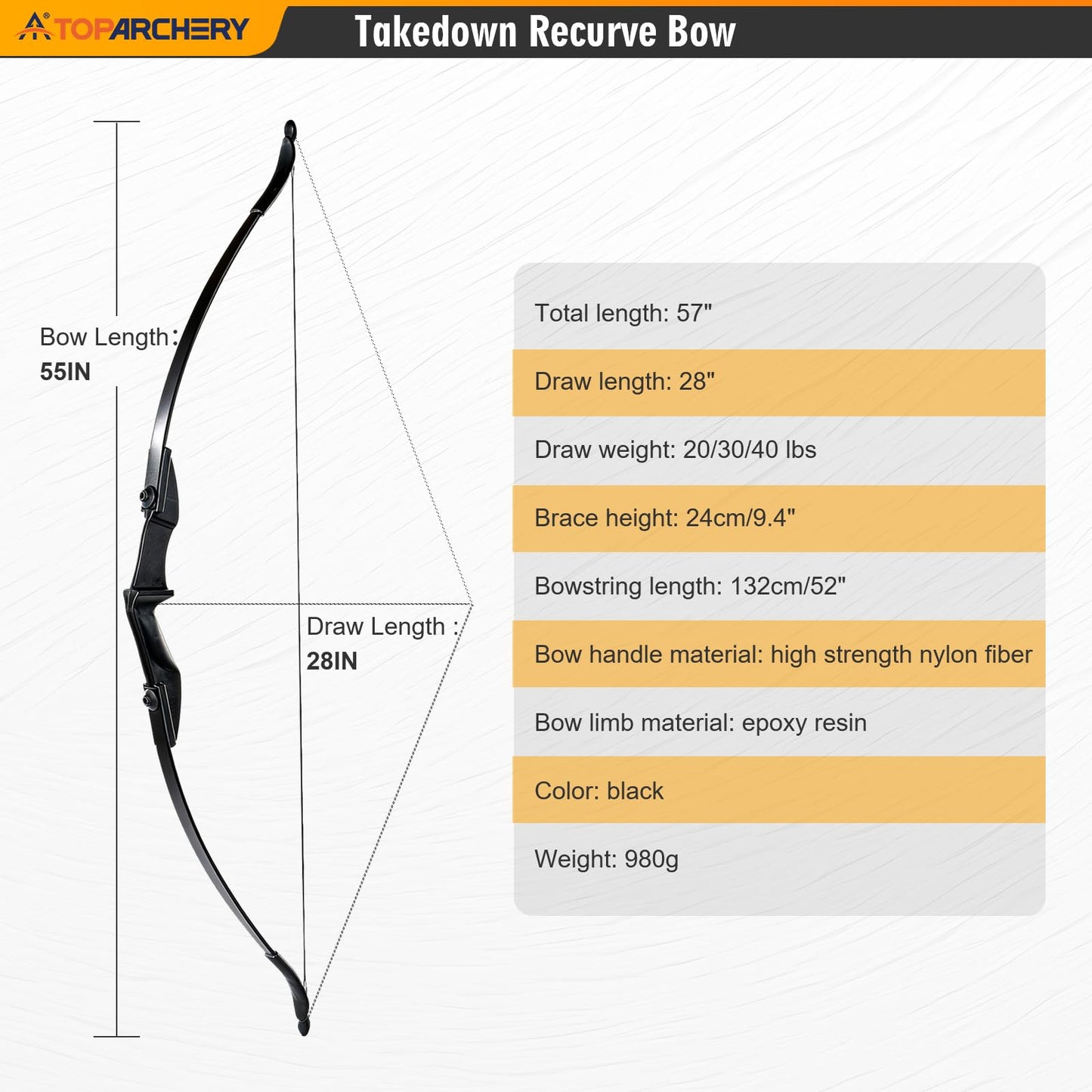 TOPARCHERY Archery 57" Takedown Youth Recurve Bow Hunting Black Long Bow for Beginner Teenagers Right Left Hand Black - Draw Weight 30lbs 40lbs (40)