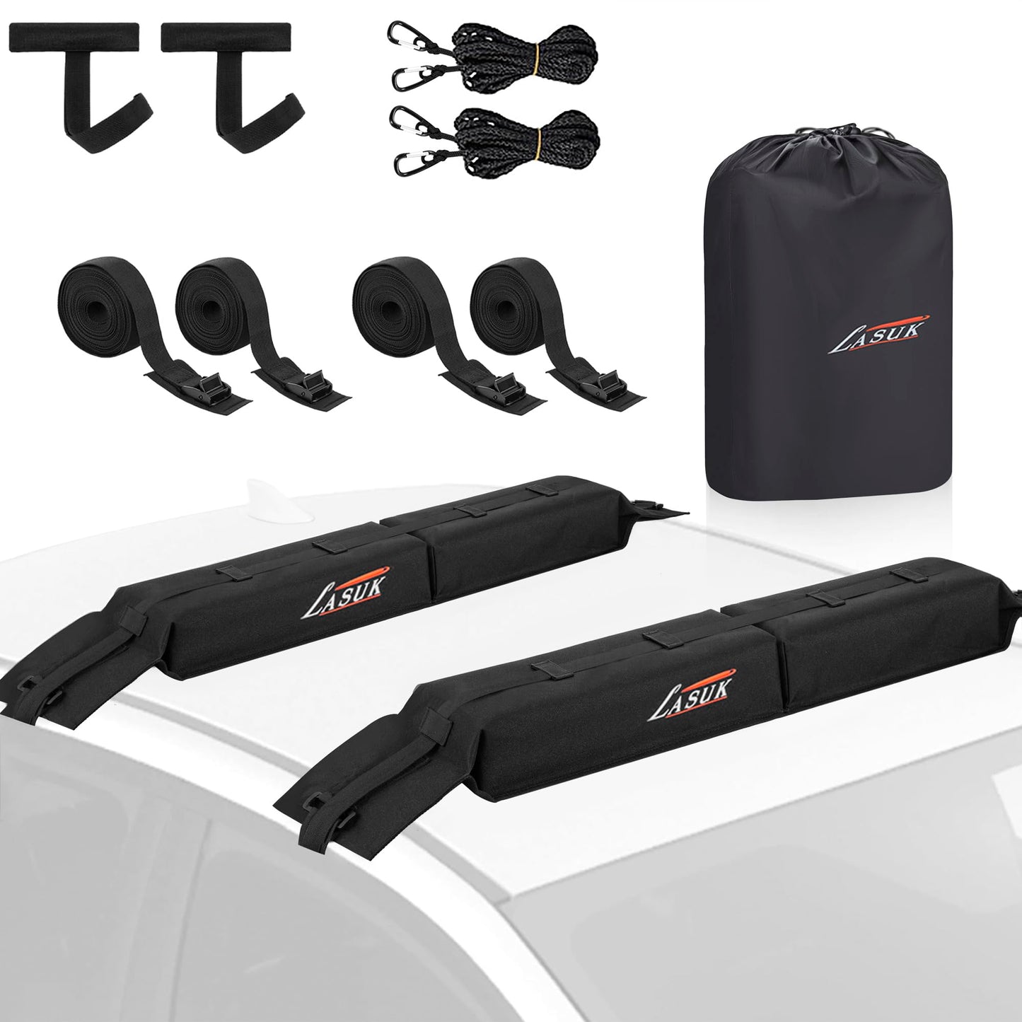 LASUK Universal Soft Roof Rack Pads for Kayak SUP Surfboard Snowboard Canoe, Heavy Duty Car Roof Rack System with 2 Tie Down Straps, 4 Quick Loop Straps, 2 Hood Loops, Tie Down Ropes and Storage Bag