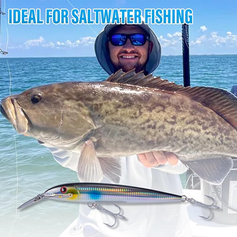 Dr.Fish 7.5in Deep Diving Saltwater Lure with VMC Treble Hooks - 13-20ft Depth, Silver Black - 1 Pack