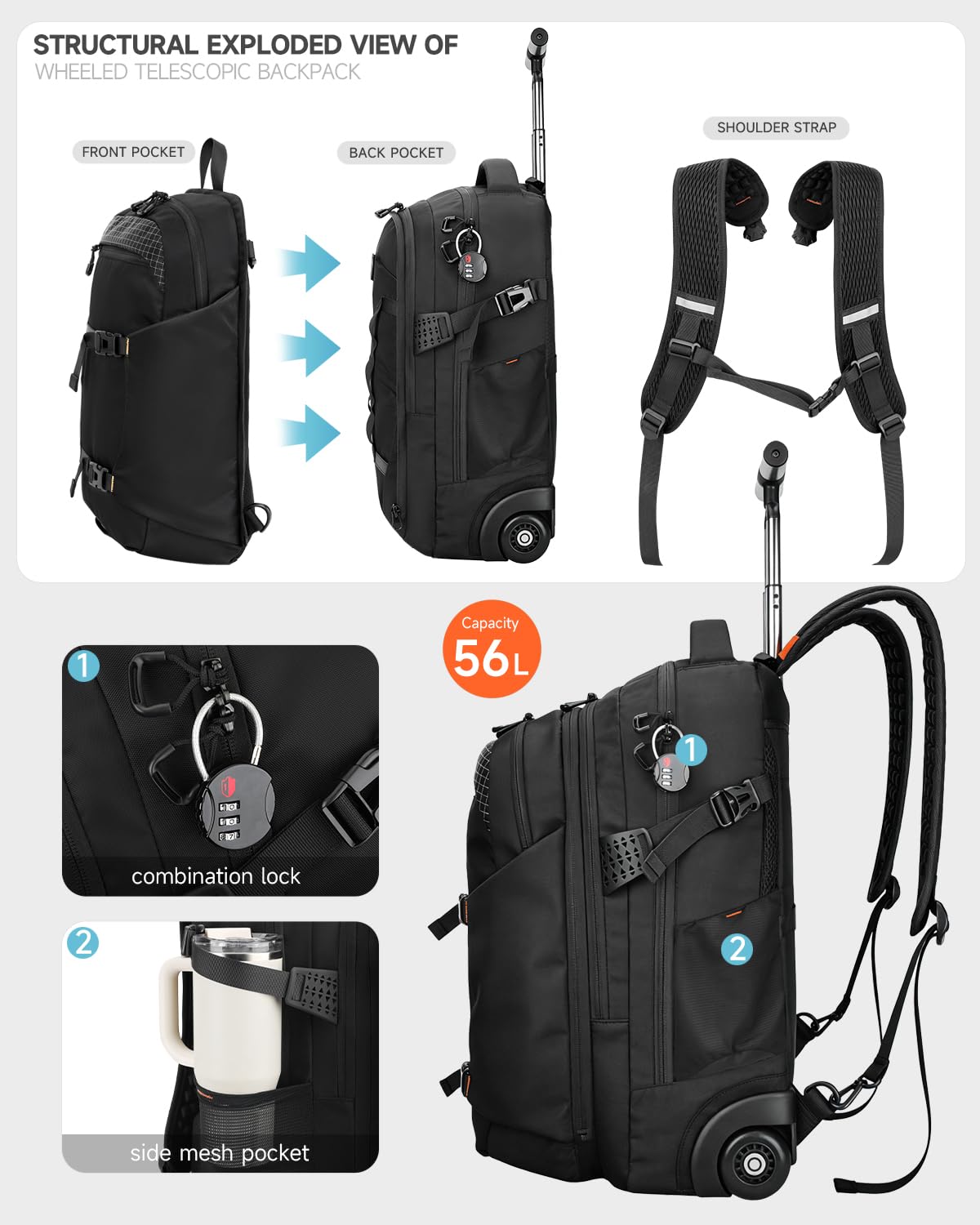 Rolling Backpack, 56L Large Backpacks with Wheels-Splits into Daypack & Laptop Backpack Fits 17 Inch Laptop,Water-Resistant & Carry-On Friendly for College,travel,camping,Weekender Hiking Black