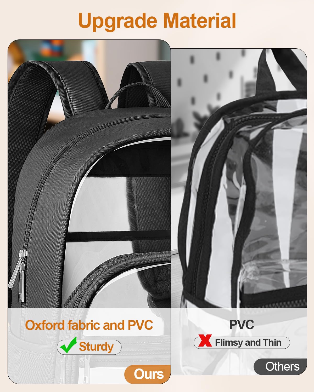 KIMNERPU Clear Backpack, Heavy Duty Transparent Bookbag for School, Fabric & PVC Transparent Backpack with Reinforced Strap for Women Men, Capacity Clear Bag for College, Travel, Security, Black