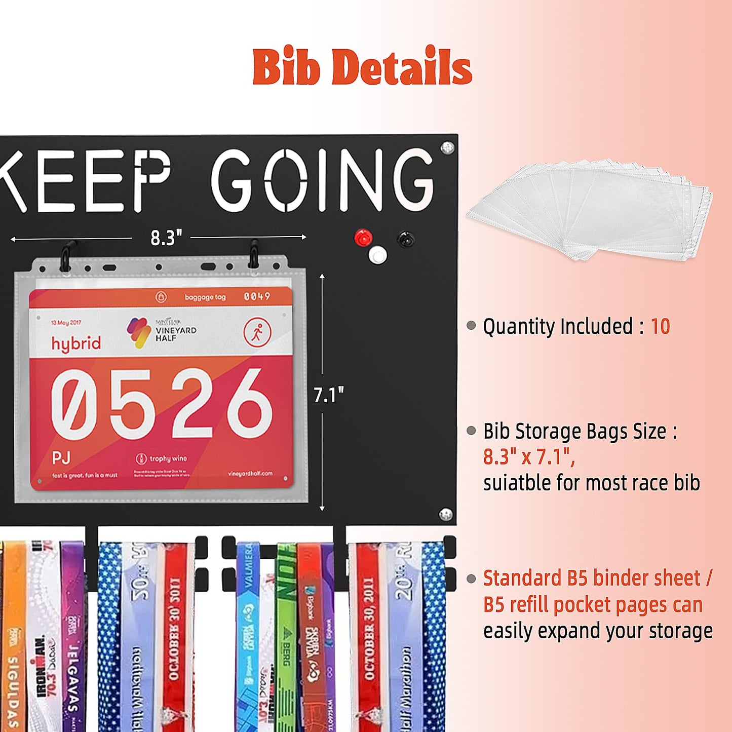 Puretalon Race Medal Display Heavy Duty Iron Bib and Medal Display for Runners Holds 50+ Medals & Race Bibs Marathon Medal Holder Wall Hanger Includes 10 Bib Storage Bags 1 Washable Marker 3 Magnets