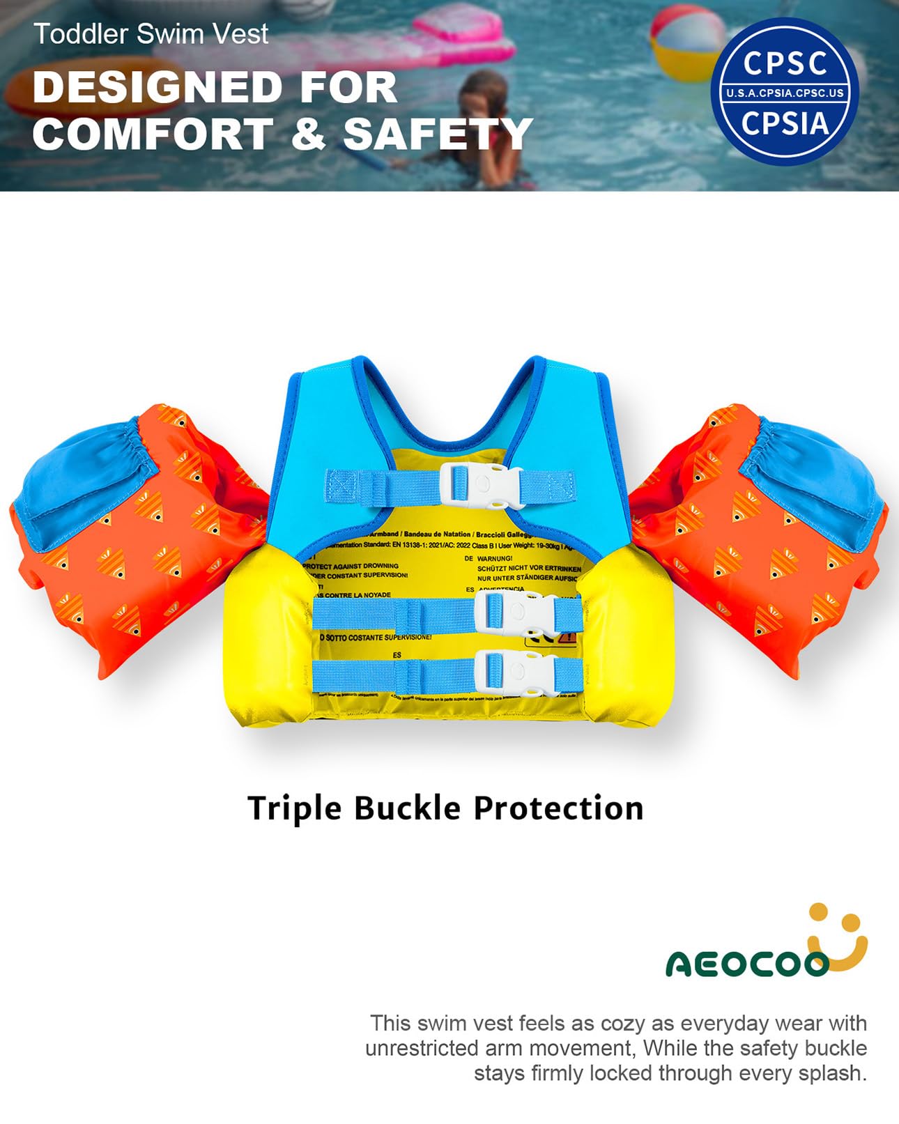 AEOCOO Puddle Float Jumper 30-50-60-66 Pounds, Toddler Swim Vest for 2-3-5-7 Years Old, Pool Floats with Swimming Arm Floaties Swim Jacket for Kids Swimmies, Boys, Girls, Niños, Shark