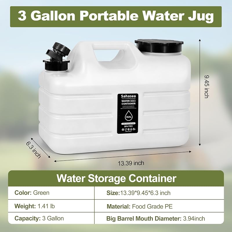 3 Gallon BPA-Free Water Jug with Leak-Proof Lid for Camping - Portable White