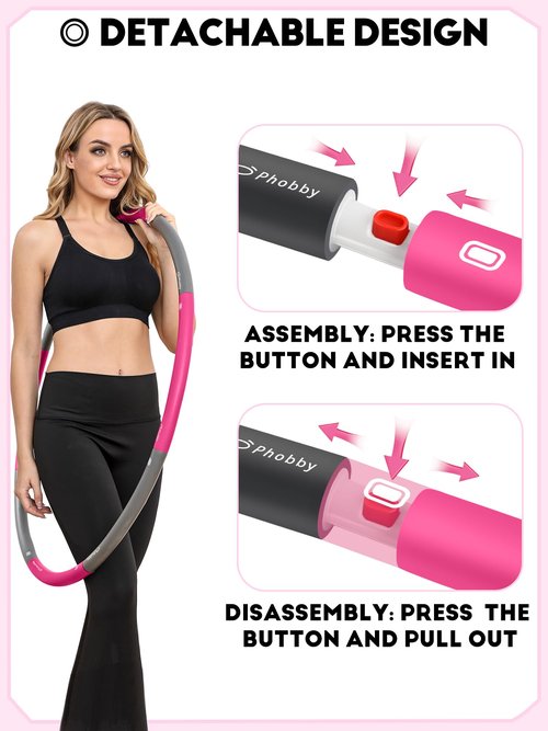 Phobby Weighted Exercise Hoop for Adults, 2.2lb Detachable Fitness Hoop, Adjustable Hoops with Jump Rope, Tape Measure and Carry Bag, Home Gym Workout (Pink Grey)