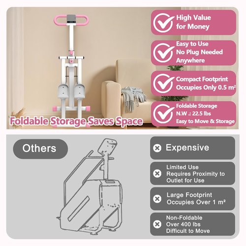 Stair Stepper for Home Gym Folding Vertical Climber Cardio Exercise Machine for Full Body Workout Machine, Adjustable Handlebar & Pedals, 300LBS Load (Pink)