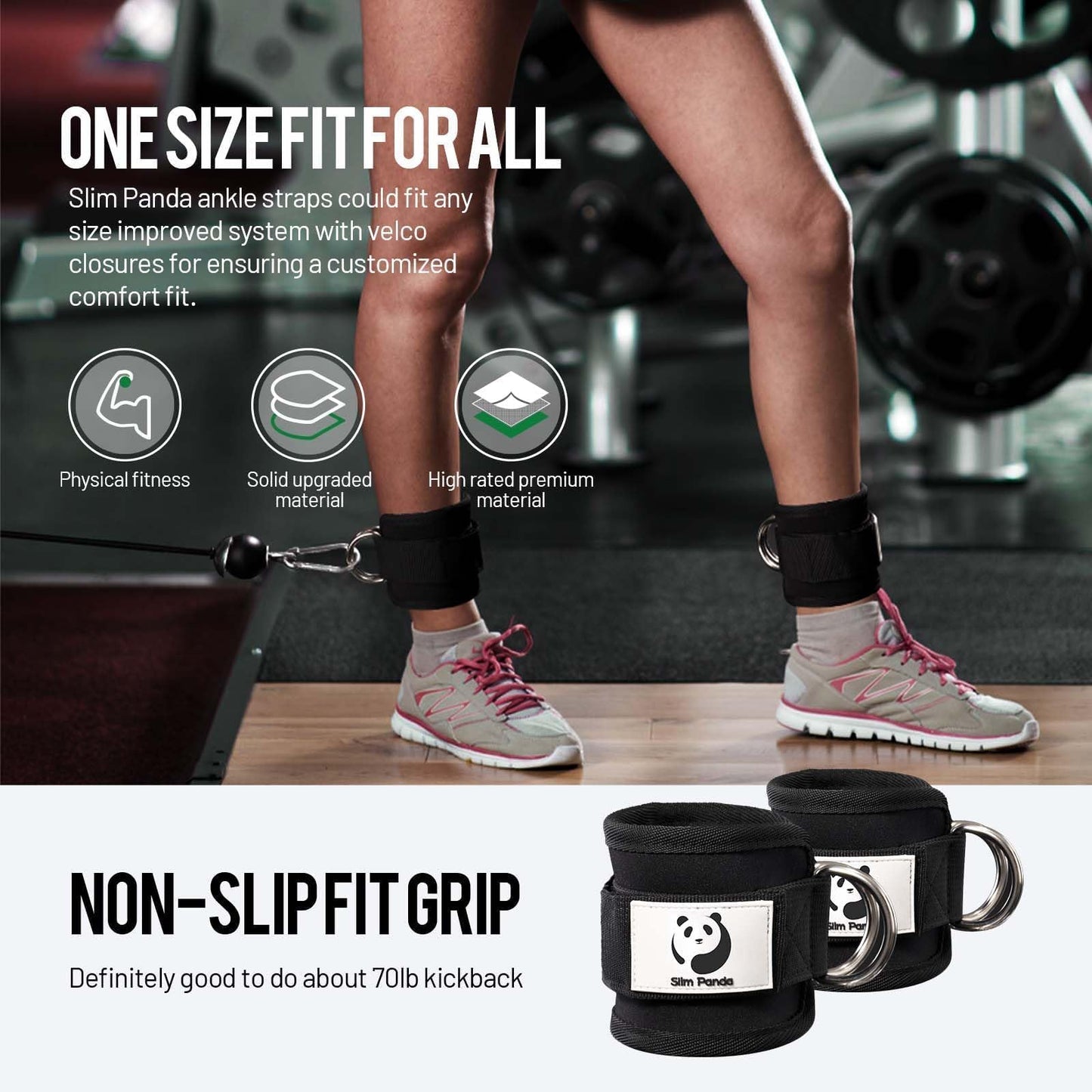 Slim Panda Ankle Strap for Cable Machine,Ankle Cuff for Kickbacks, Booty Hip Abductors,Glute Workouts, Leg Extensions, Curls for Men and Women, Adjustable with Double D-Rings (Single, Black)