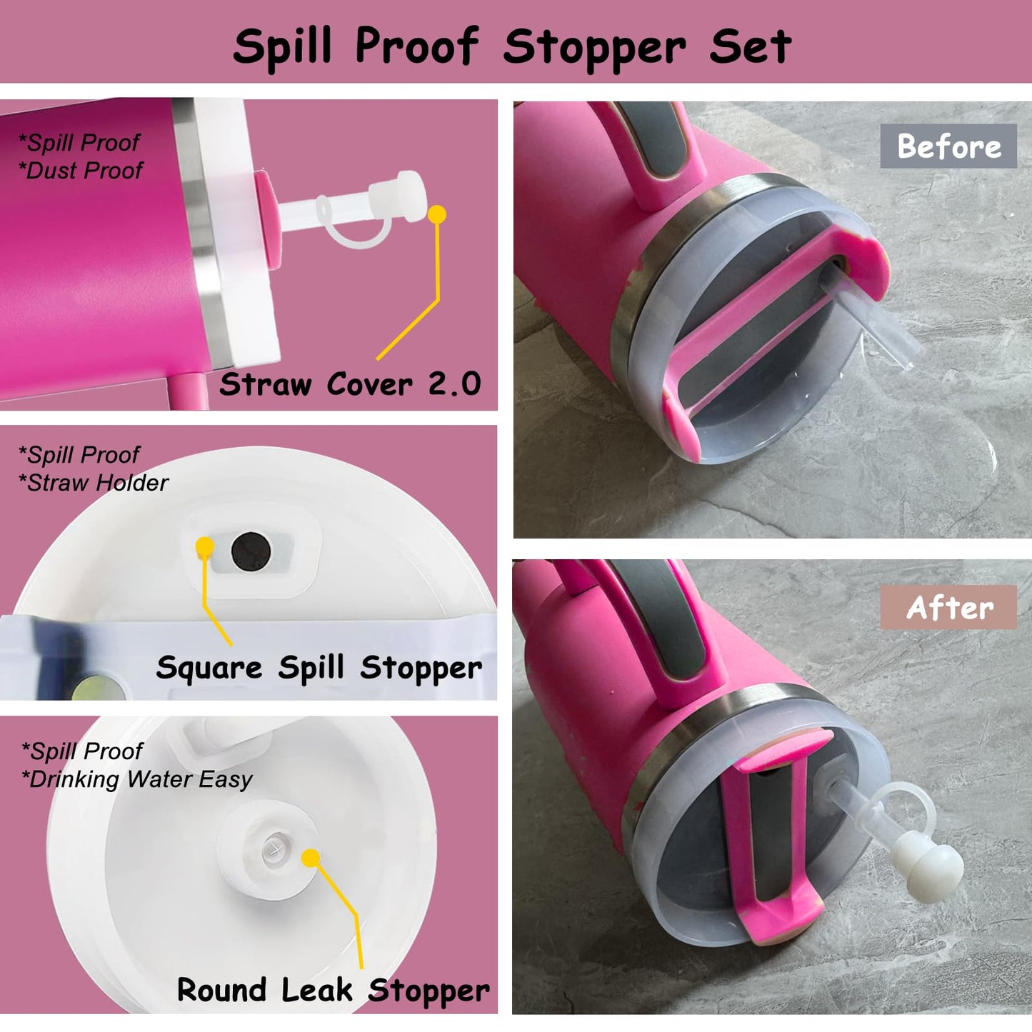 Stanley Cup Accessories Set,Including 2 Pcs 0.4in Straw Cover, 1 Silicone Spill-Proof Stopper Set of 3, 1 Cute Heart Handle Charm, 1 Silicone Boot Fits Stanley 40&30 Oz Tumbler (Fuchsia)