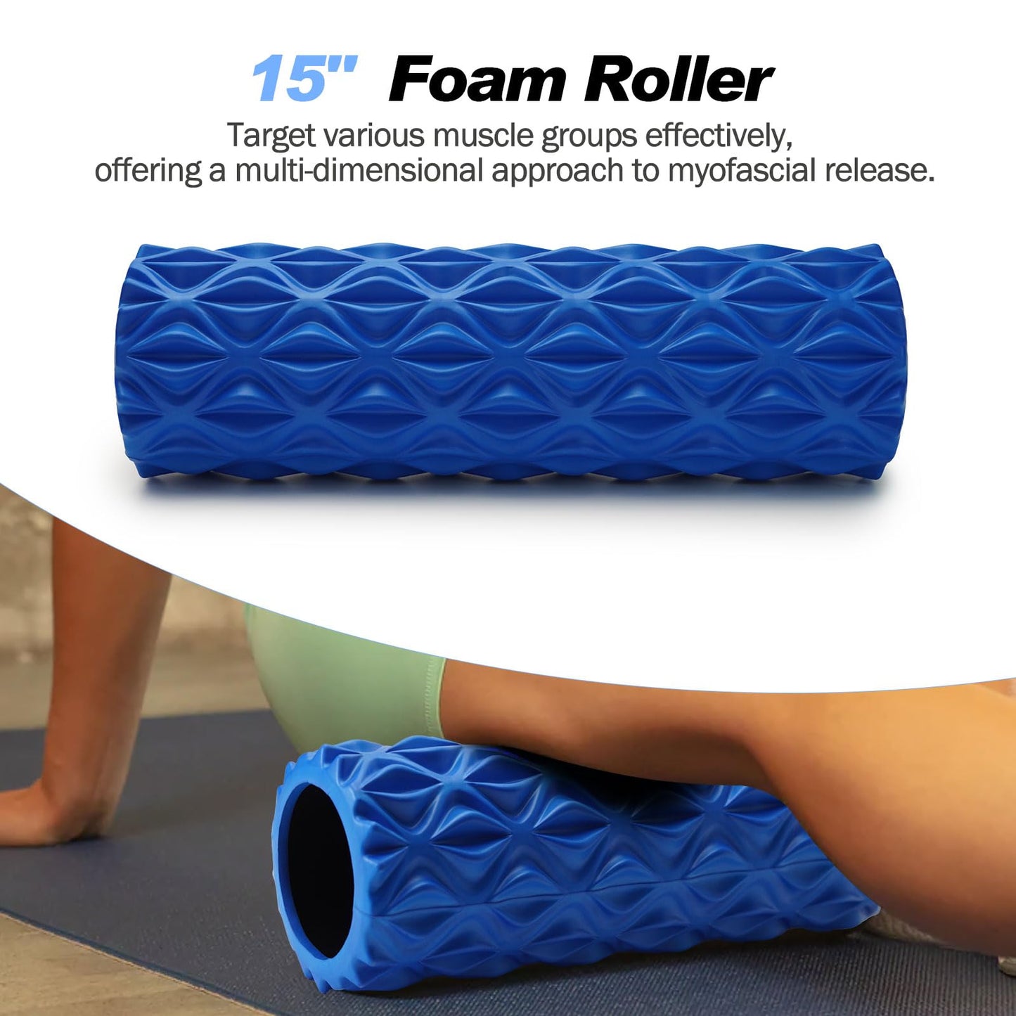 JOYENERGY 5 in 1 Foam Roller Set Trigger Point Foam Roller, Massage Roller Stick, Massage Ball, Stretching Strap for Deep Muscle Massage Pilates Yoga, Fitness Exercise for Whole Body (Blue Diamond)