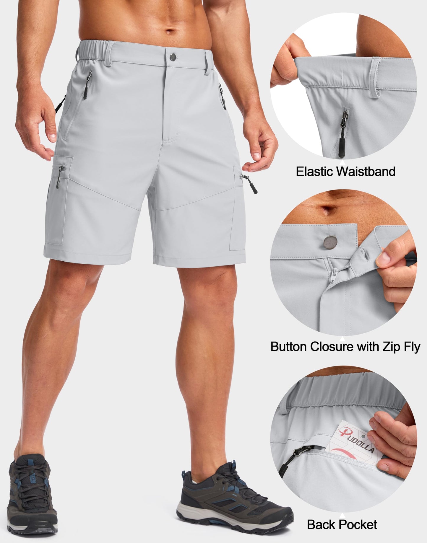 Pudolla Men's Hiking Cargo Shorts Lightweight 7" Travel Casual Shorts for Men Golf Work Outdoor with 5 Zipper Pockets(Bright Grey X-Large)