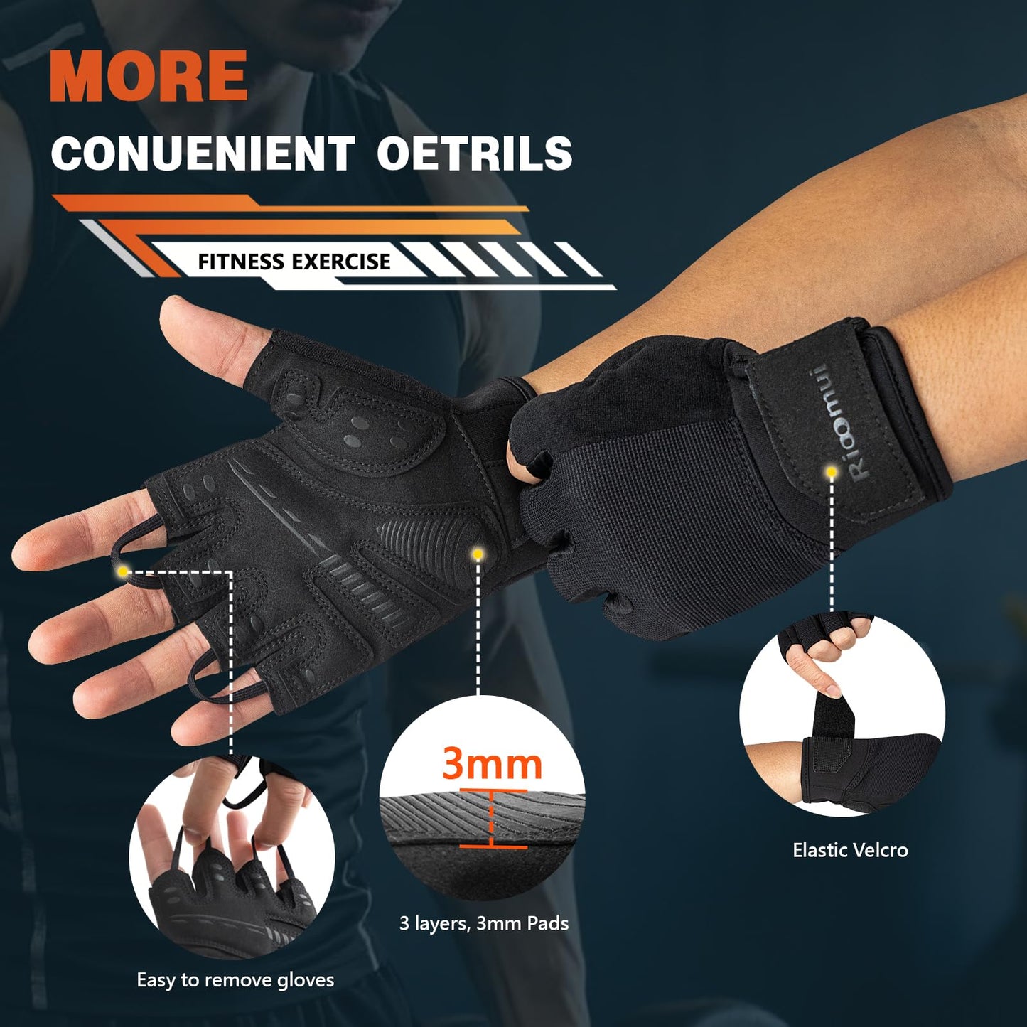 Rioomui Gym Gloves for Men,Lightweight Breathable Workout Gloves Women with Excellent Grip and Snug fit for Weight Lifting, Gym,Training, Crosstraining, Pull ups, Fitness-Black-XL