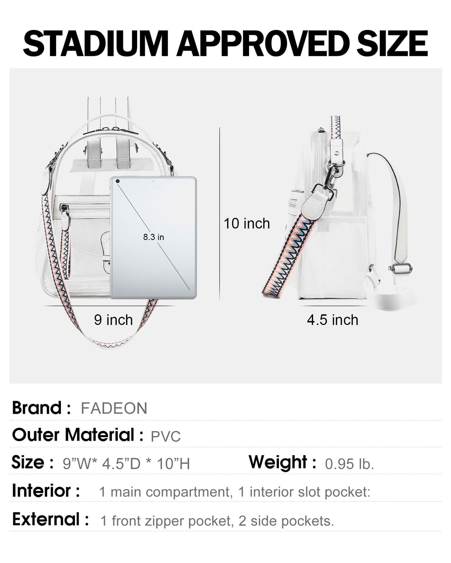 FADEON Clear Small Backpack Purse for Women, Designer Transparent Shoulder Handbag, PVC Mini Clear Bag for Stadium Approved