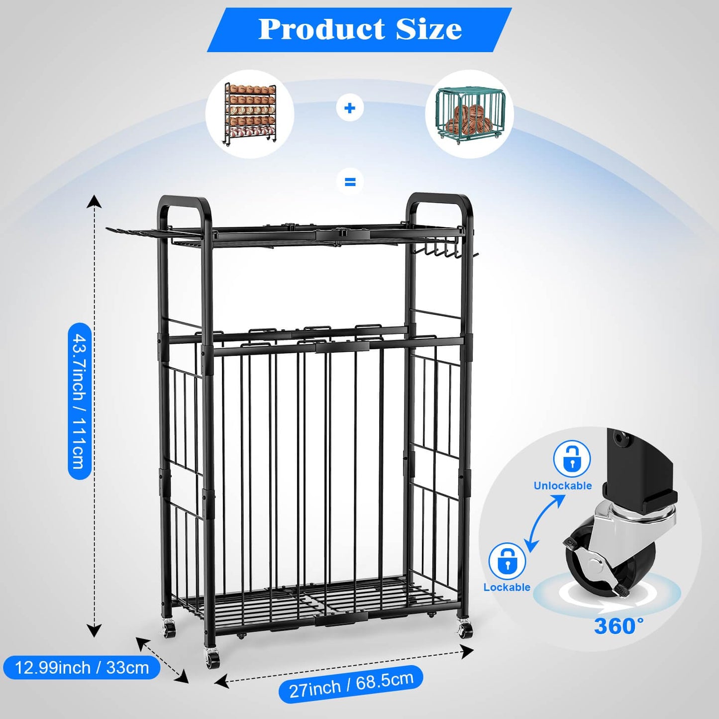 YIWANFW Garage Ball Storage Rack - Sports Equipment Organizer with Wheels, Rolling Sports Ball Cart with Elastic Rope, Outdoor Ball Holder for Basketball Soccer Volleyball Football, Garage Toy Storage