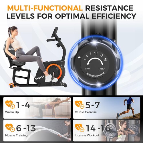 Recumbent Exercise Bike, Recumbent Stationary Bike for Home, Recumbent Bike with 400LB Weight Capacity Whisper-Quiet 16 Levels Magnetic Resistance Heart Rate Handle and Multi-Function LCD Comfortable Seat