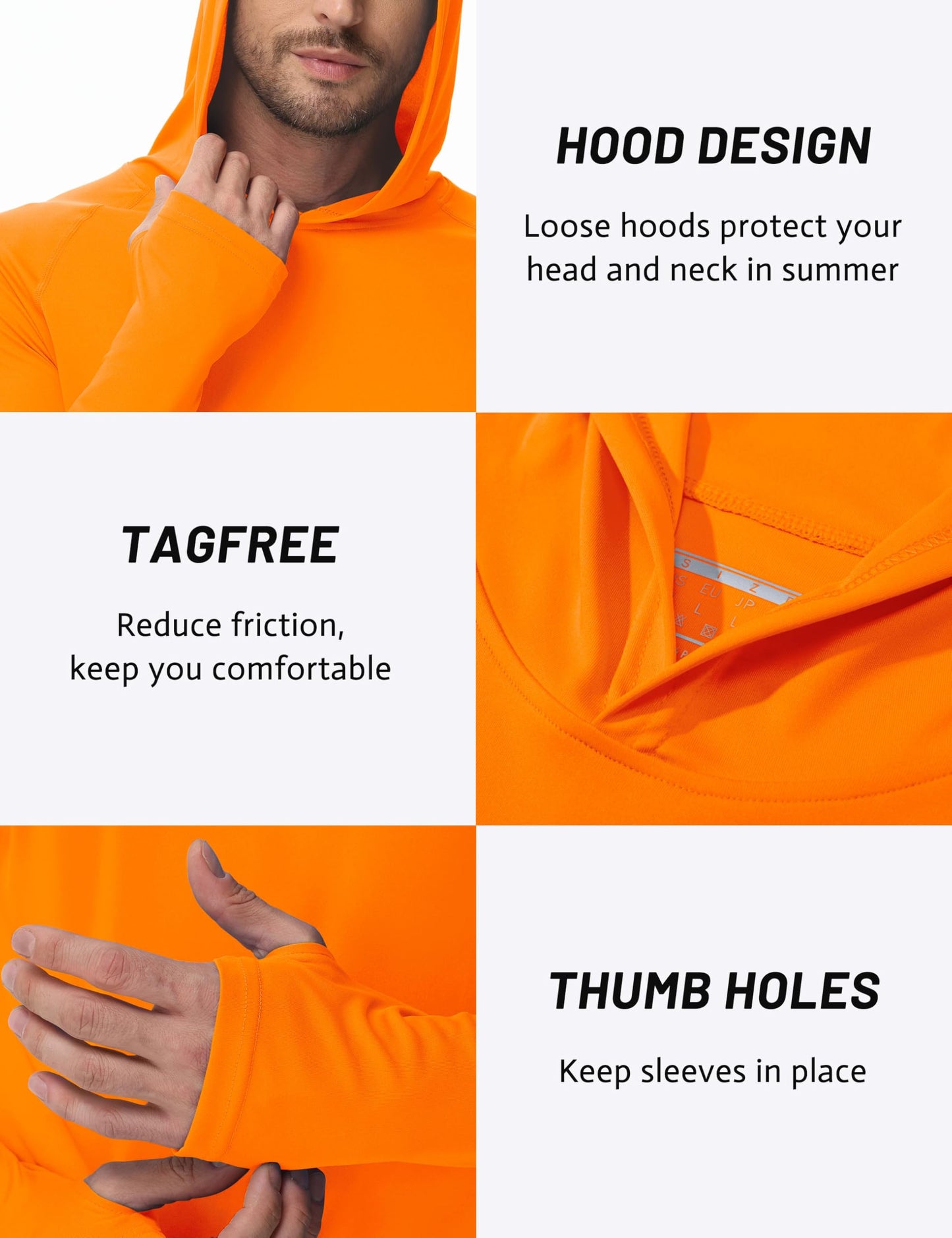 TACVASEN Long Sleeve Shirts for Men Lightweight Hoodie Men Dry Fit Active Hooded Shirts Sun Protection Hoodies SPF Tee Orange L