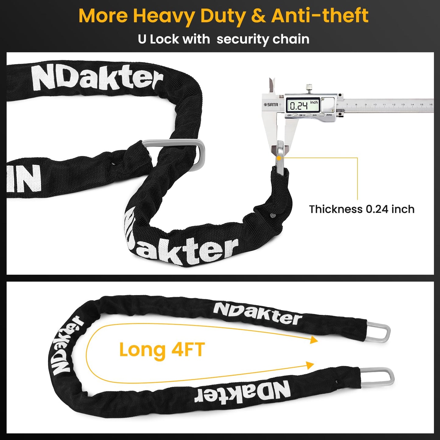NDakter Bike Locks, 17mm Heavy Duty Anti Theft, Bike U Lock with 4FT Chain and Bracket, Electric Bicycle Lock for Scooter, 3 Keys Motorcycle Wheel Lock for Ebike, Moped, Tricycle