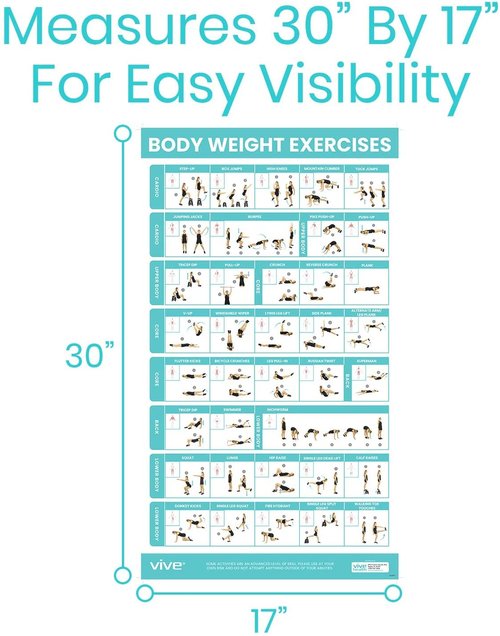 Vive Body Weight Exercise Poster - Workout for Home Gym Laminated Chart - Room Decor Accessories - HITT for Abs, Glute, Core, Legs, Arms, Back - No Equipment Needed