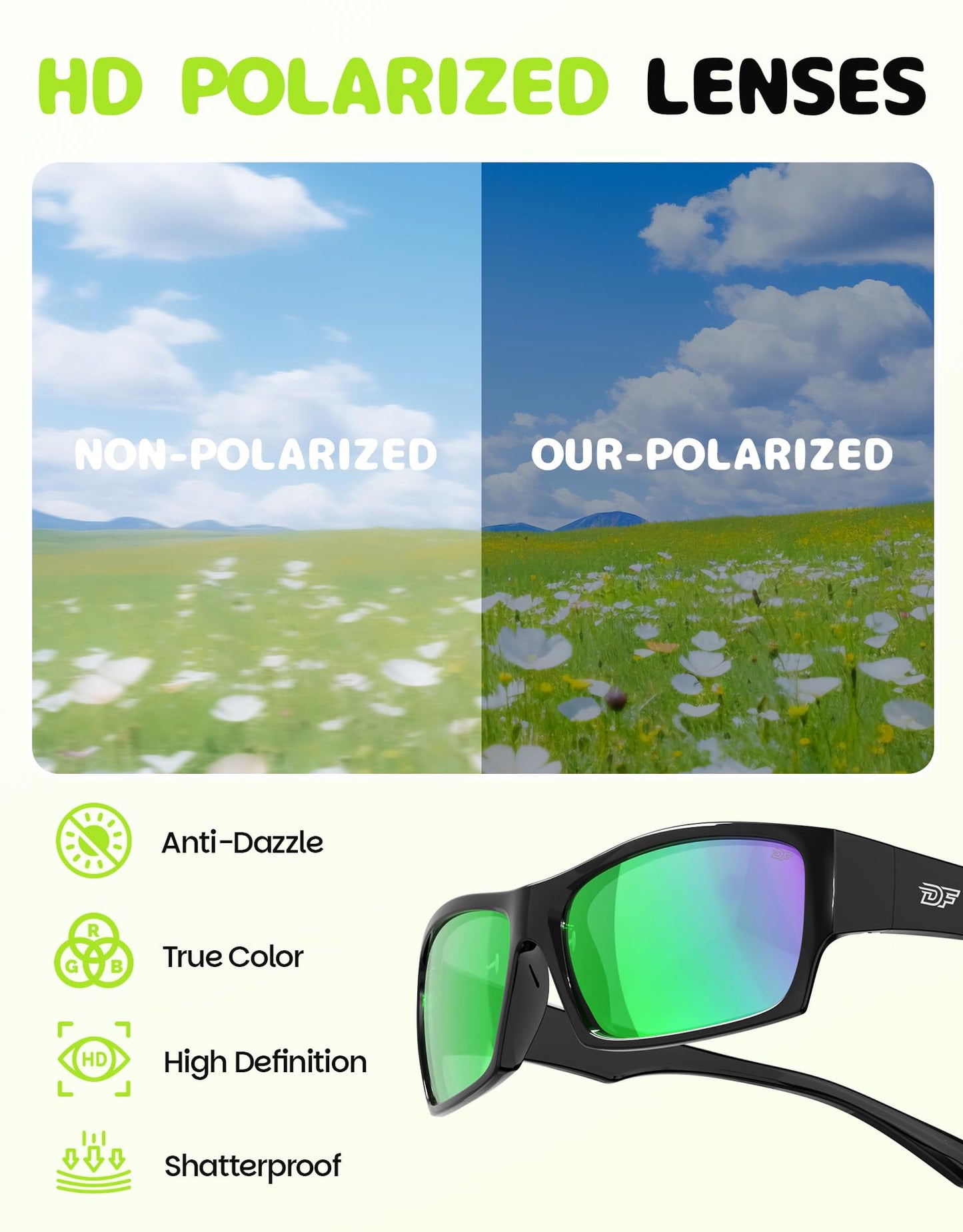 DEAFRAIN Kids Sunglasses for Boys Girls Child Youth Sports Polarized Baseball Running Cycling Black Green Glasses with Unbreakable Frame for Age 8 9 10 11 12 13 14