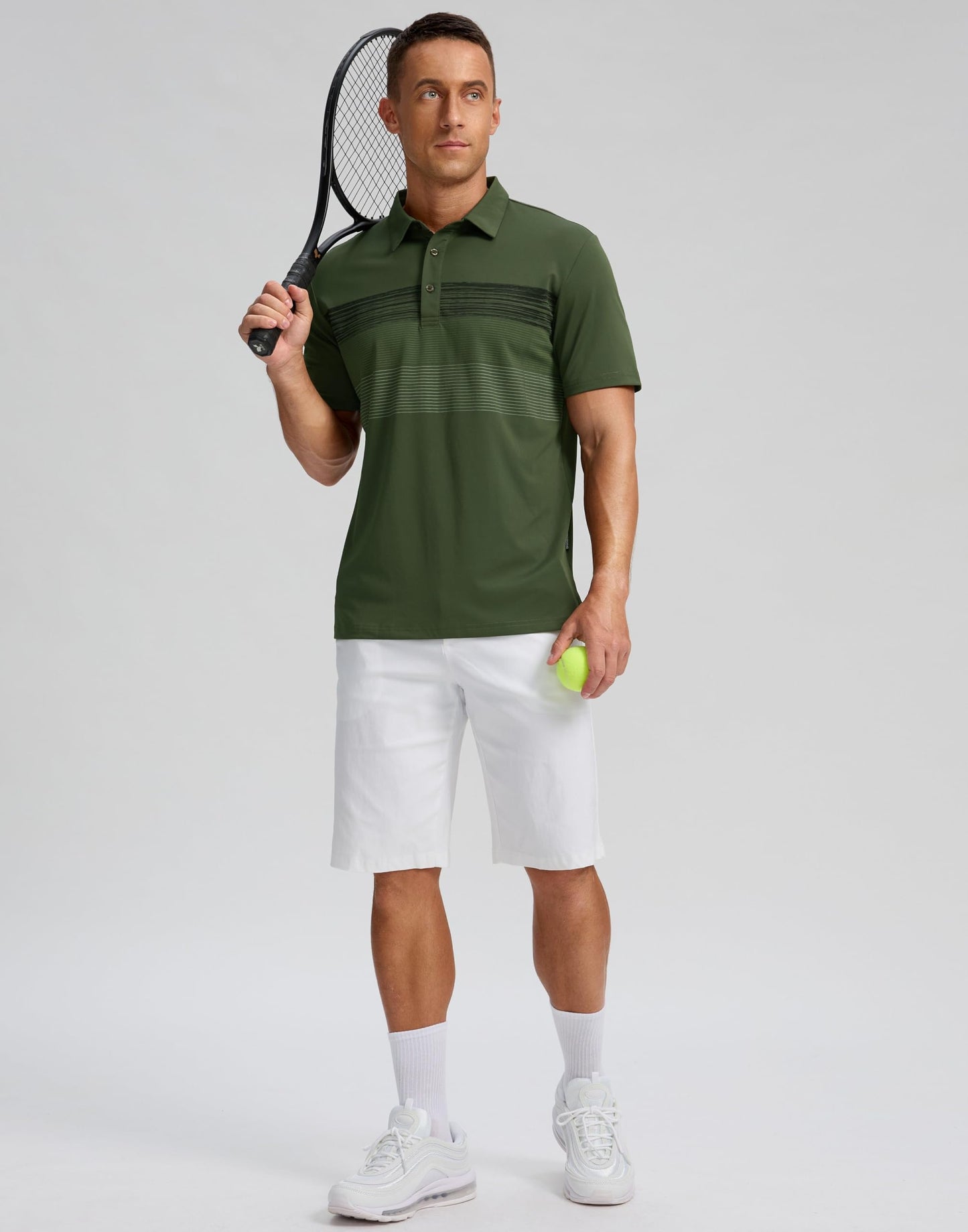 Men's Golf Shirts Dry Fit Moisture Wicking Performance Short Sleeve Collared Polo Shirts for Casual Tennis Bussiness (Dark Green Stripe, M)
