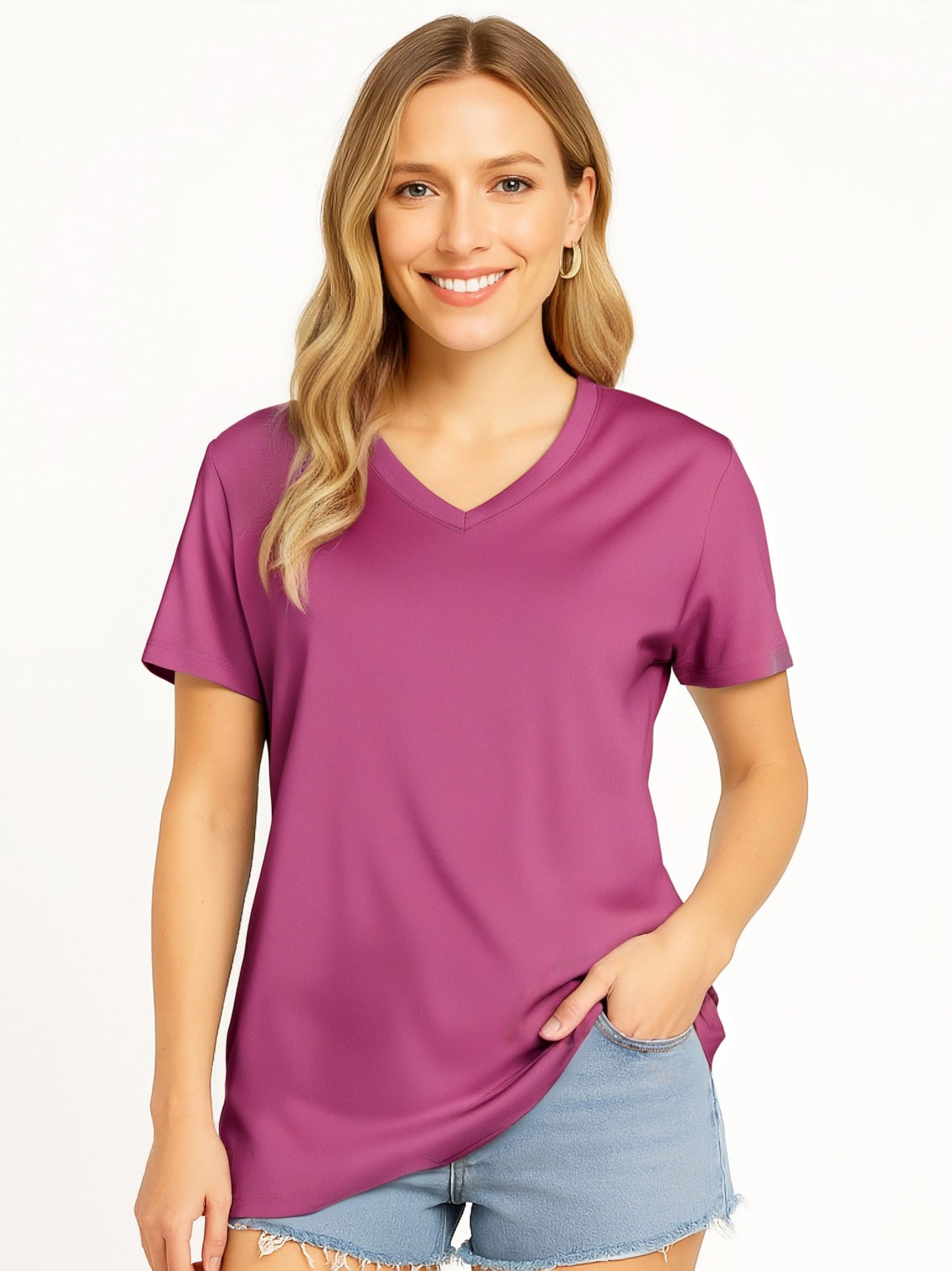 Opna V Neck T Shirts for Women, Athletic Short Sleeve Workout Top with UV Sun Protection, Quick Dry & Moisture Wicking Shirts for Women Gym Running Yoga Pink Orchid