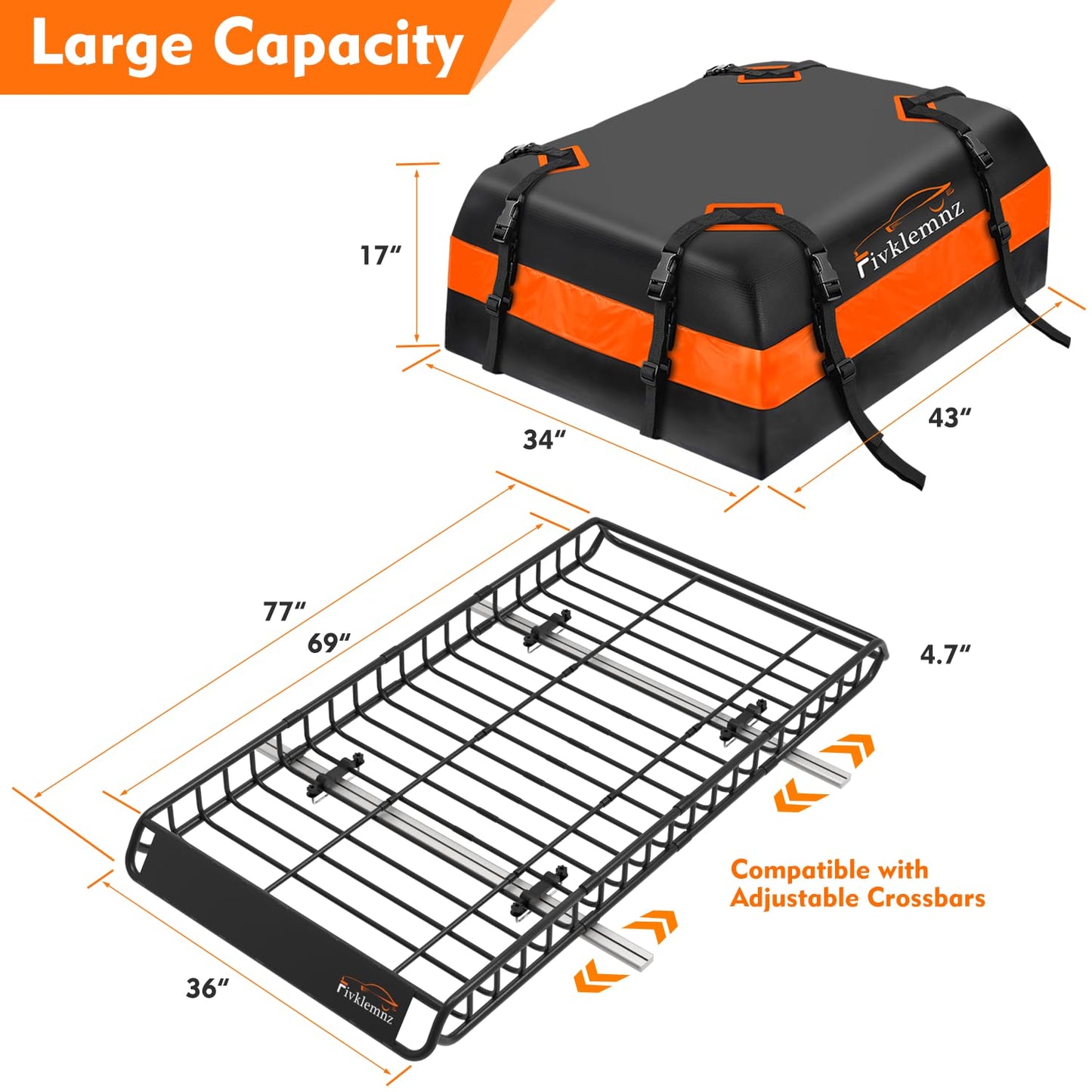 FIVKLEMNZ Car Rooftop Cargo Carrier Roof Bag Waterproof for All Top of Vehicle with/Without Rack Includes Topper Anti-Slip Mat + Reinforced Straps + 6 Door Hooks + Luggage Lock