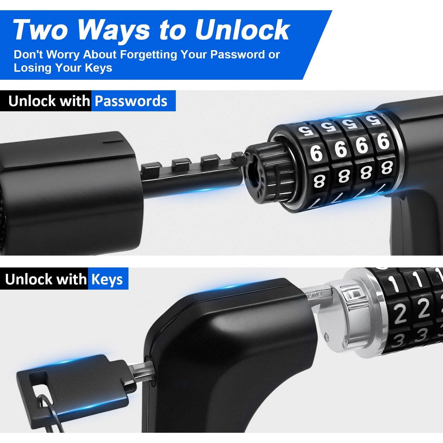NDakter Upgrade Bike Chain Lock with 4 Digit Combination and 2 Keys, 1.64/2.3/3.2/4.28 Ft Heavy Duty Anti-Theft Bicycle Lock, 2 Ways to Unlock High Security Scooter Locks for Ebike, Escooter, Door
