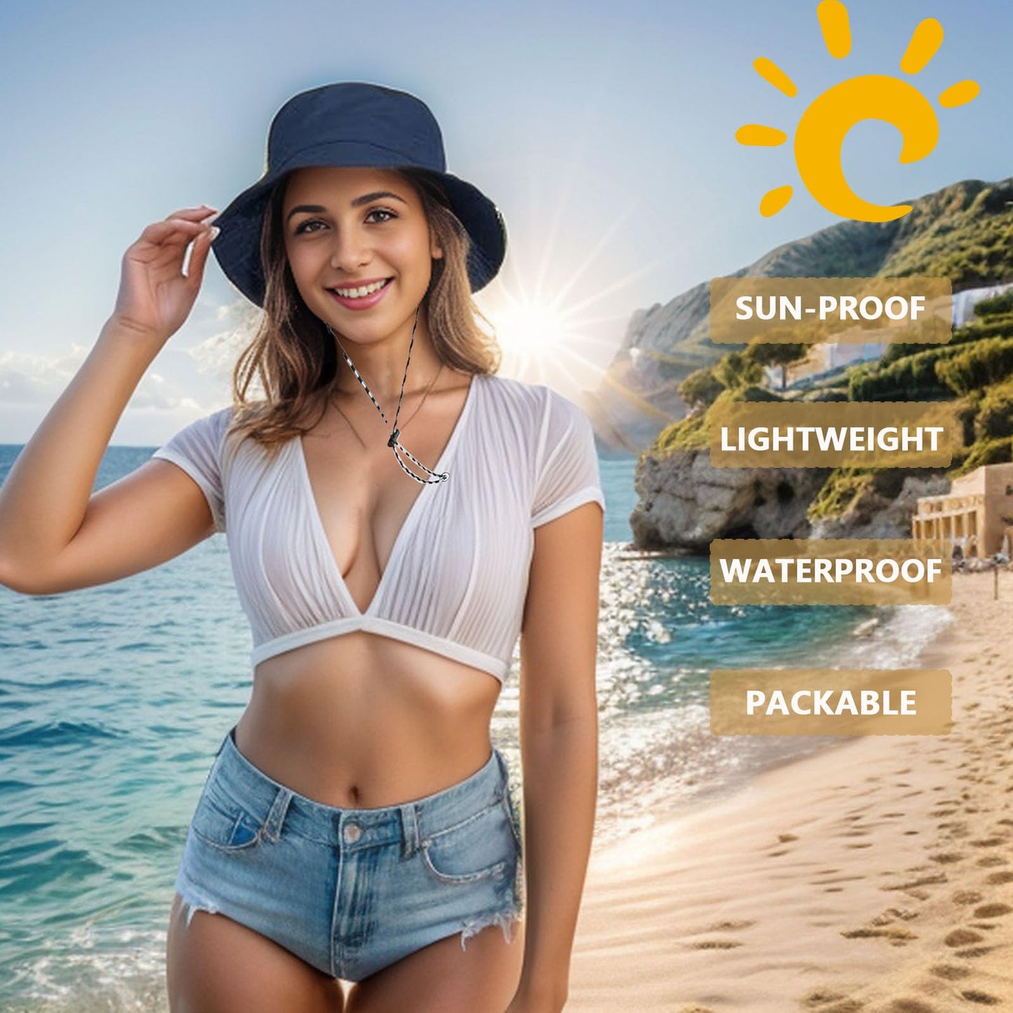 Waterproof Bucket Rain Hat for Men Women, Outdoor Fishing Hat Foldable UV Protection Sun Hat Quick Dry Packable Hat for Summer Beach Fishing Hiking, Navy Blue