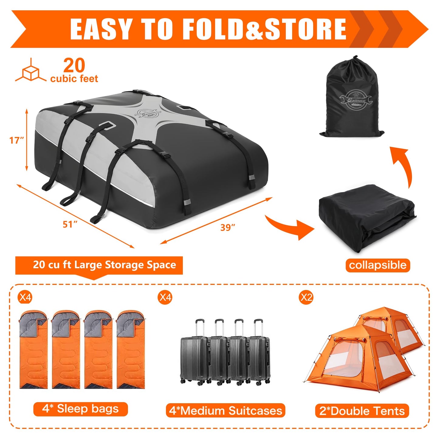 Sailnovo Rooftop Cargo Carrier Roof Bag,20 Cubic feet Soft PVC Waterproof Roof Bag for Most Vehicles with/Without Rack with Strap,Anti-Slip Mat,Padlock,Foldable Car Top Carrier for Road Trip Camping